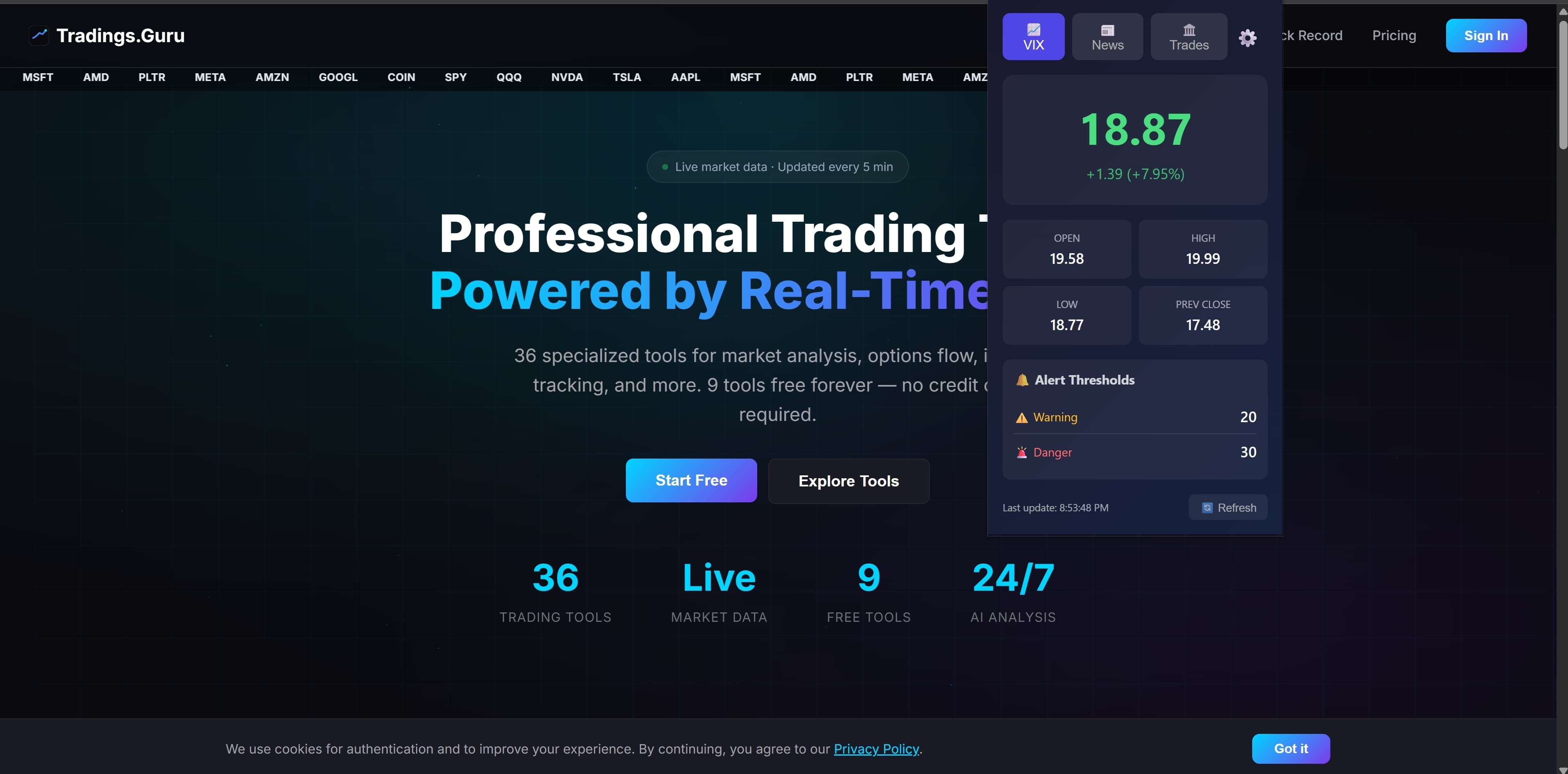 VIX Monitor extension popup open over Tradings.Guru